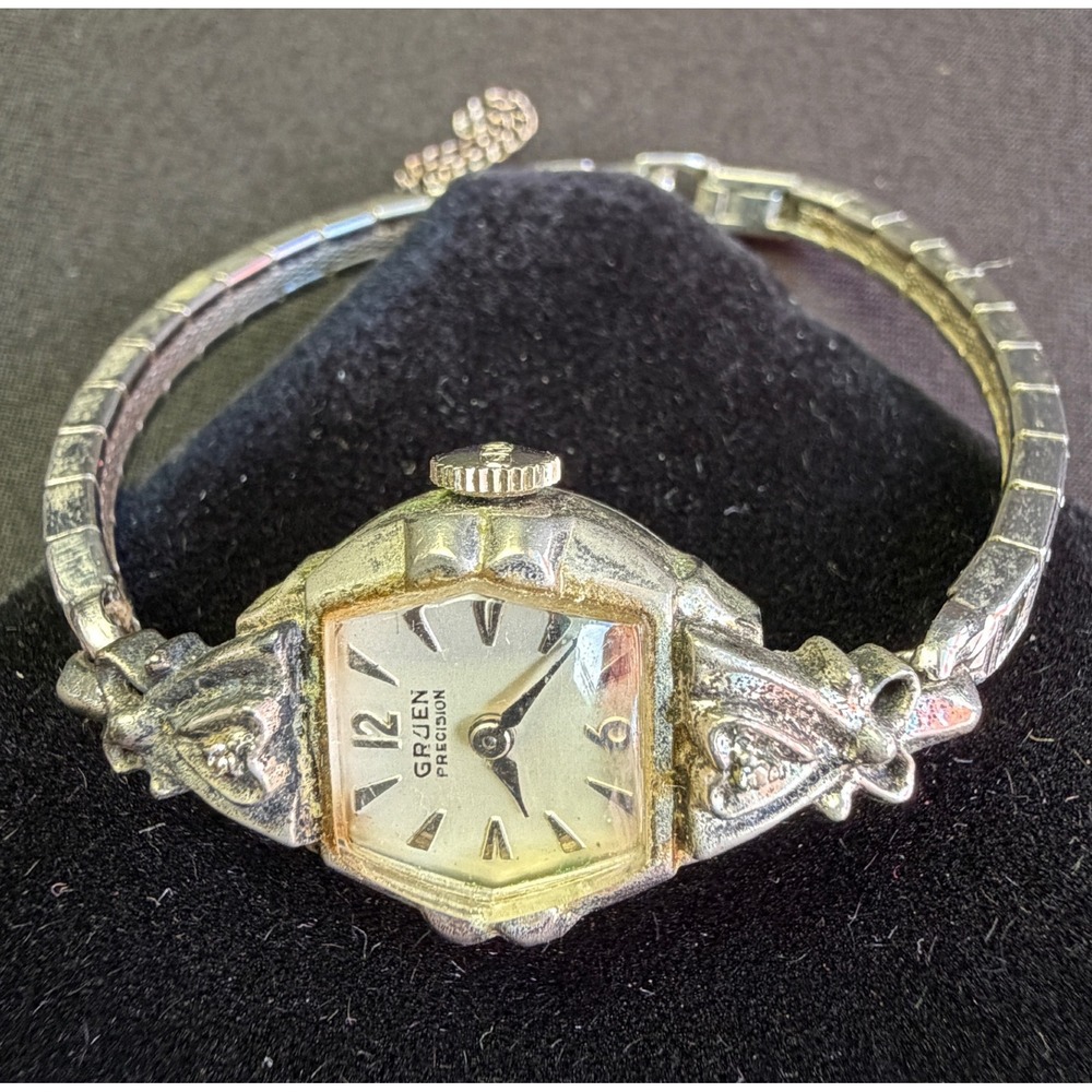 Vintage Gruen Precision Watch Womens Silver Gold Heart Lugs Art Deco Swiss Retro